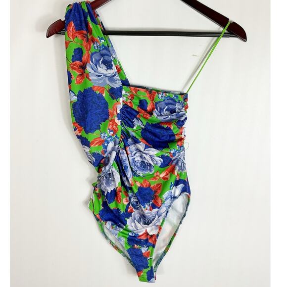 Zara Womens One Shoulder Bodysuit Floral Green Blue Small - Picture 1 of 5